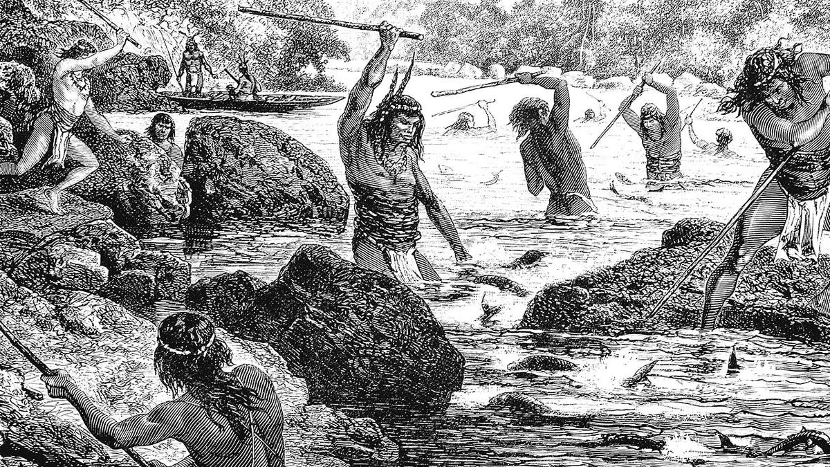 Ancient paleoindians hunting in stream