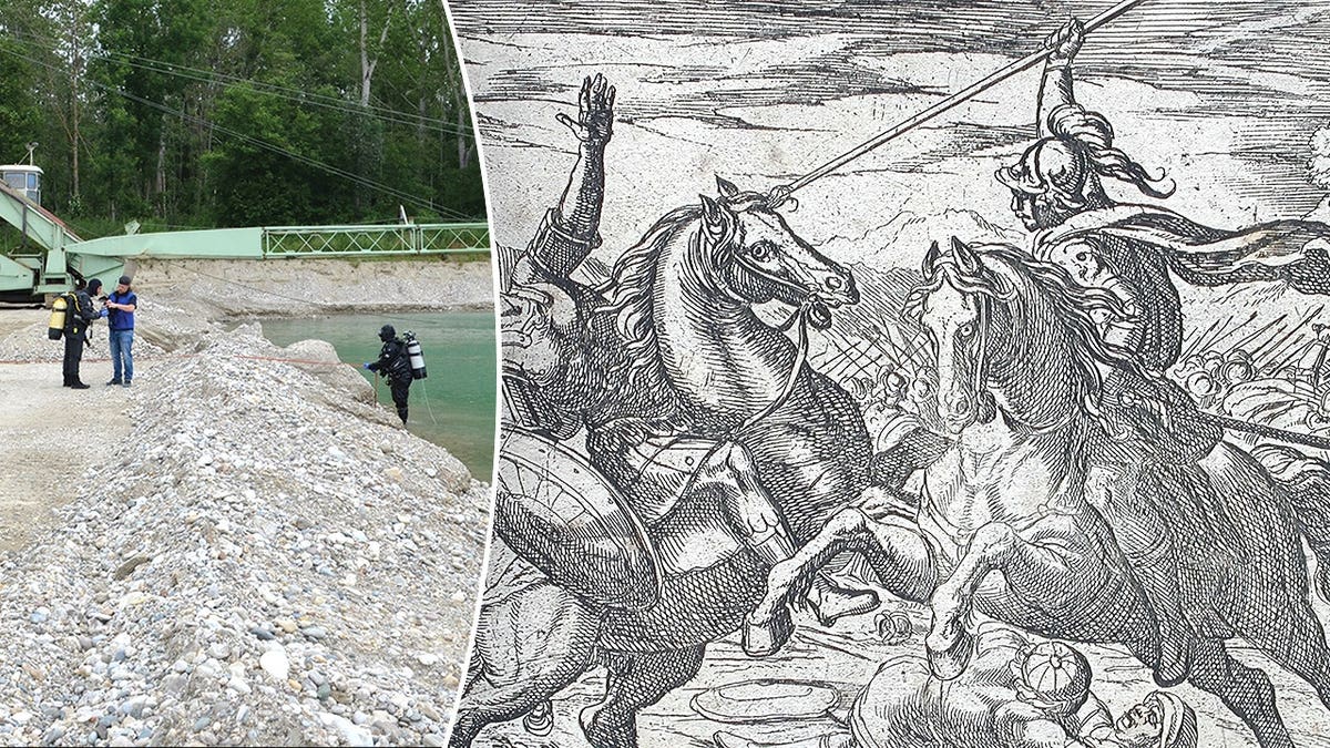 Split image of archaeologists at site, depiction of Iron Age battle