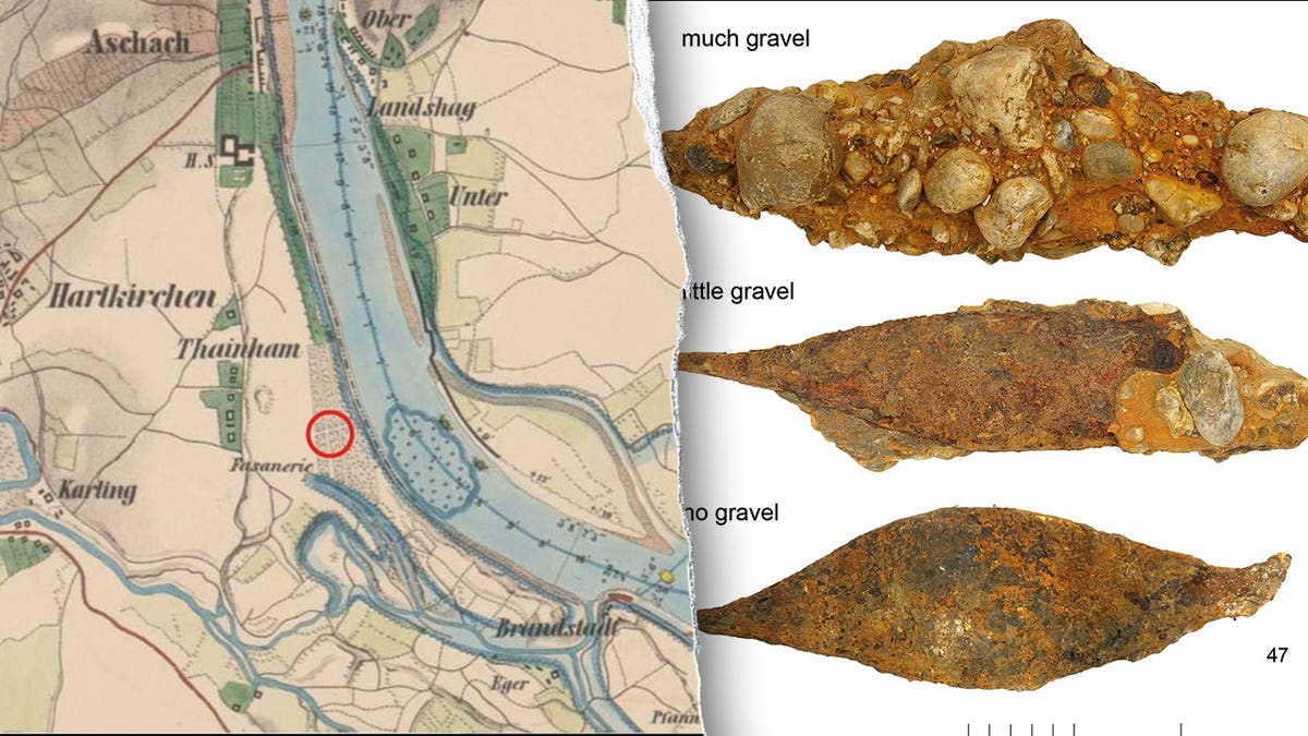 Split image of maps, ancient iron bars