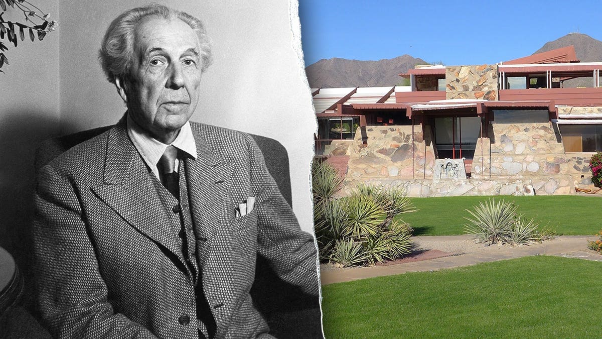 Split image of Frank Lloyd Wright, exterior of Taliesin