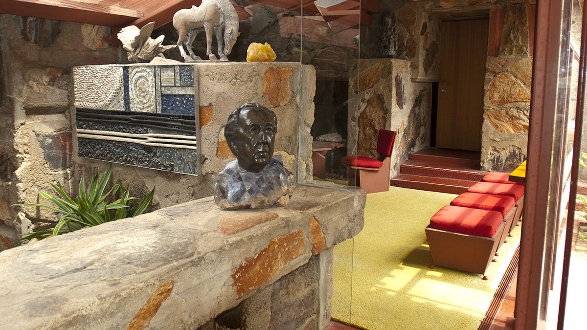 Interior of Taliesin with bust of Frank Lloyd Wright