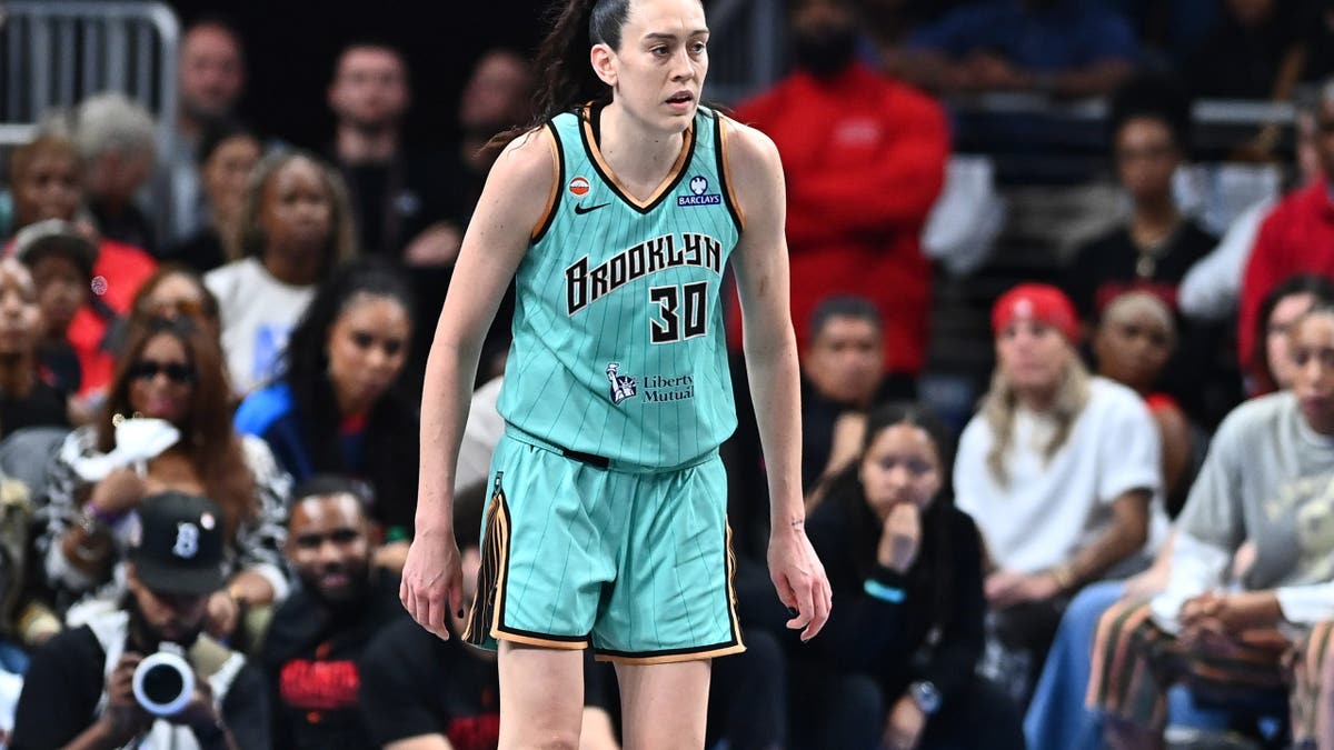 Breanna Stewart looks on during a WNBA playoff game against the Atlanta Dream at State Farm Arena.