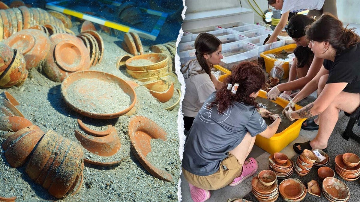 Split image of ceramics, archaeologists analyzing artifacts