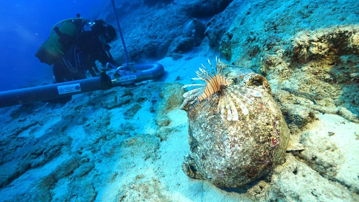 View of diver on ocean floor next to shipwreck
