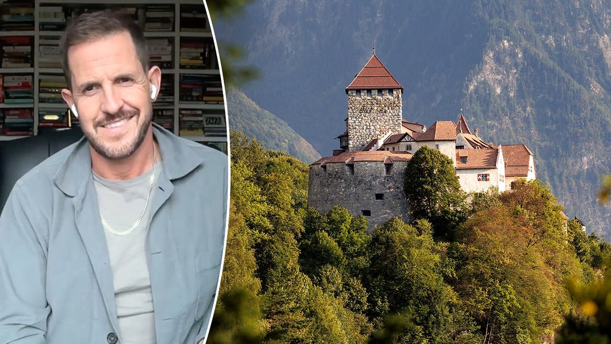 Split image of Dan smiling, medieval castle in distance