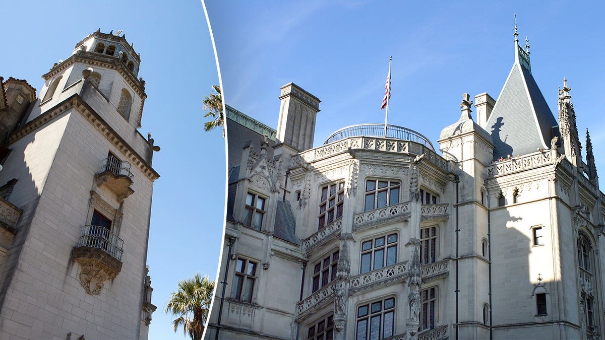 Split image of Hearst Castle next to Biltmore Estate