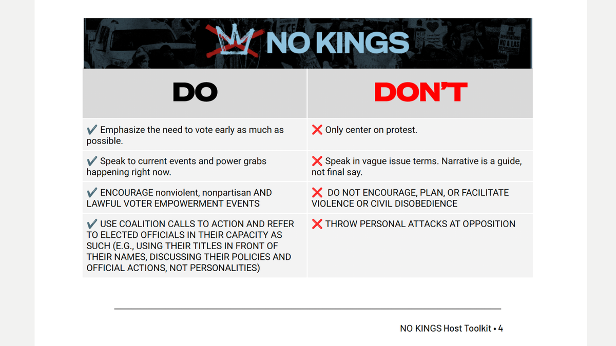 "No Kings" organizers provide a list of "Do" and "Don't warnings for their Oct. 17, 2025, voter event.