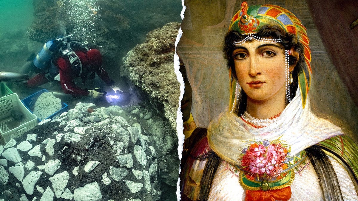 Split image of diver, painting of Cleopatra