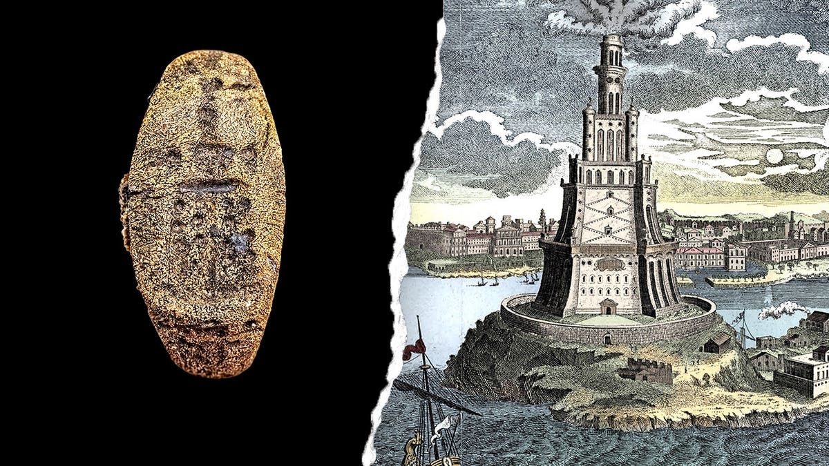 Split image of ring, illustration of Lighthouse of Alexandria