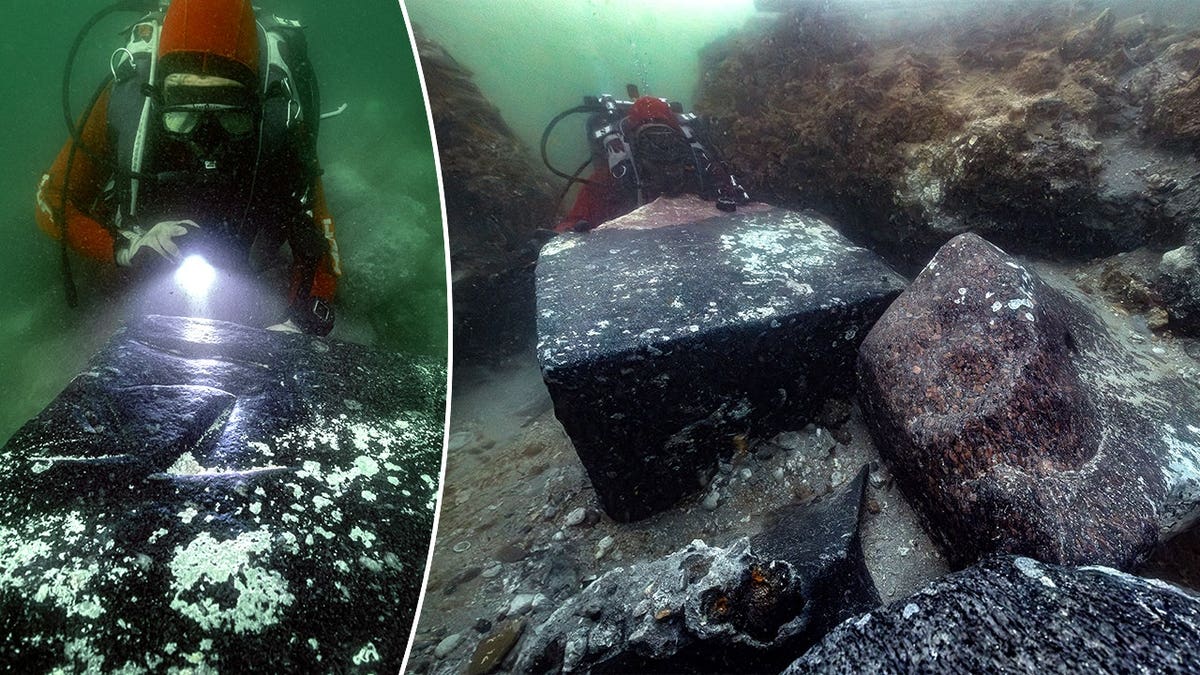 Split image of divers finding ring in Cleopatra's harbor