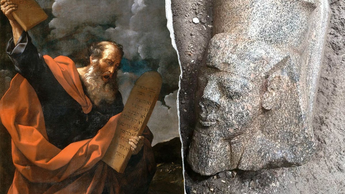 Split image of Moses illustration, Ramses II statue in ground
