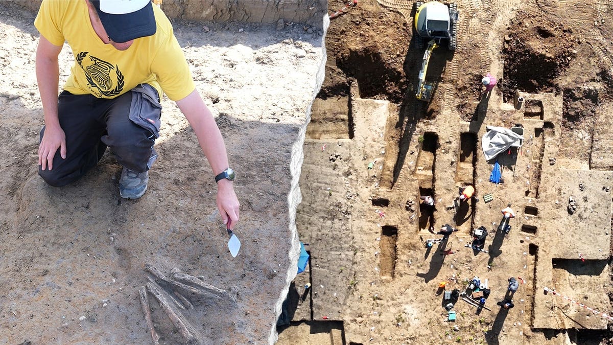 Split image of archaeologists working, man digging up grave