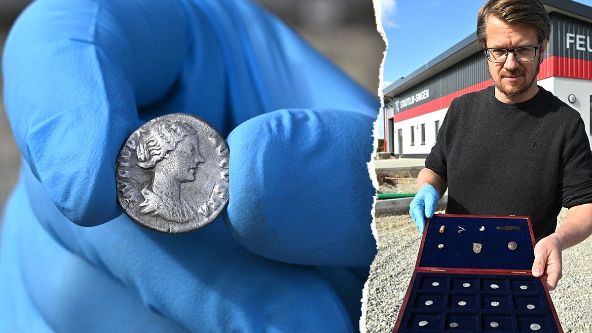 Hand holding coin next to man holding box of coins