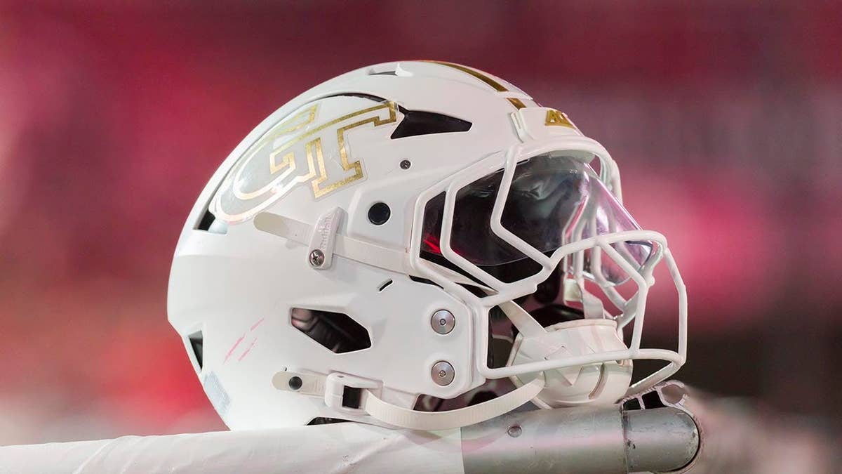 Georgia Tech football helmet sitting on the sideline at Stanford Stadium