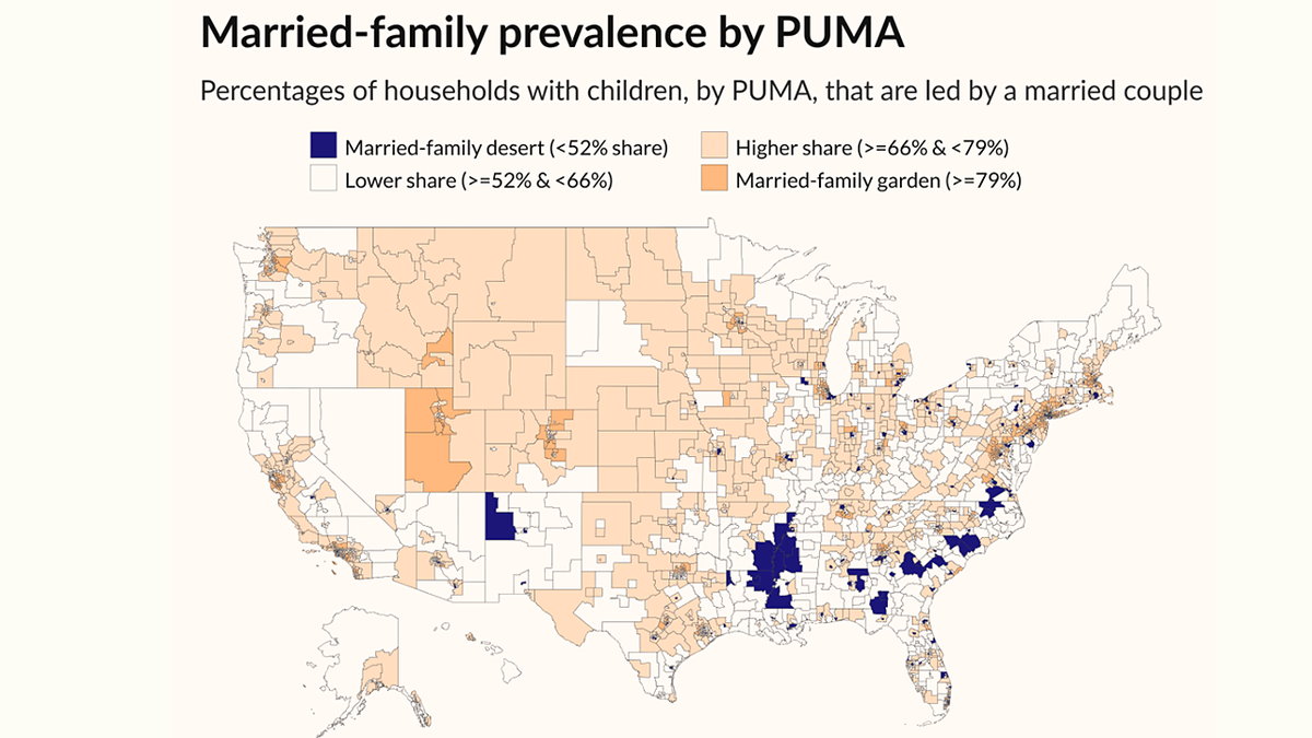 Map shows prevalence of married-couple households with children across the United States.