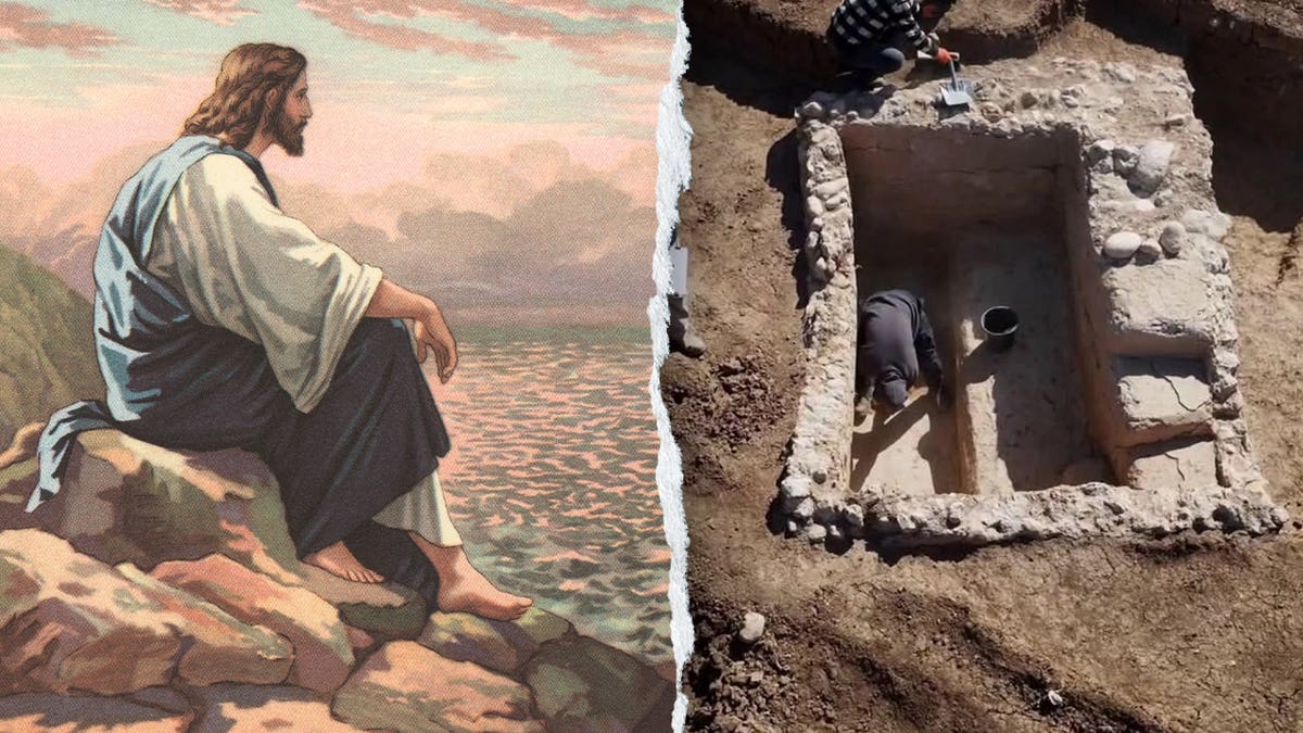 Split image of Jesus Christ, ancient mikveh in ground