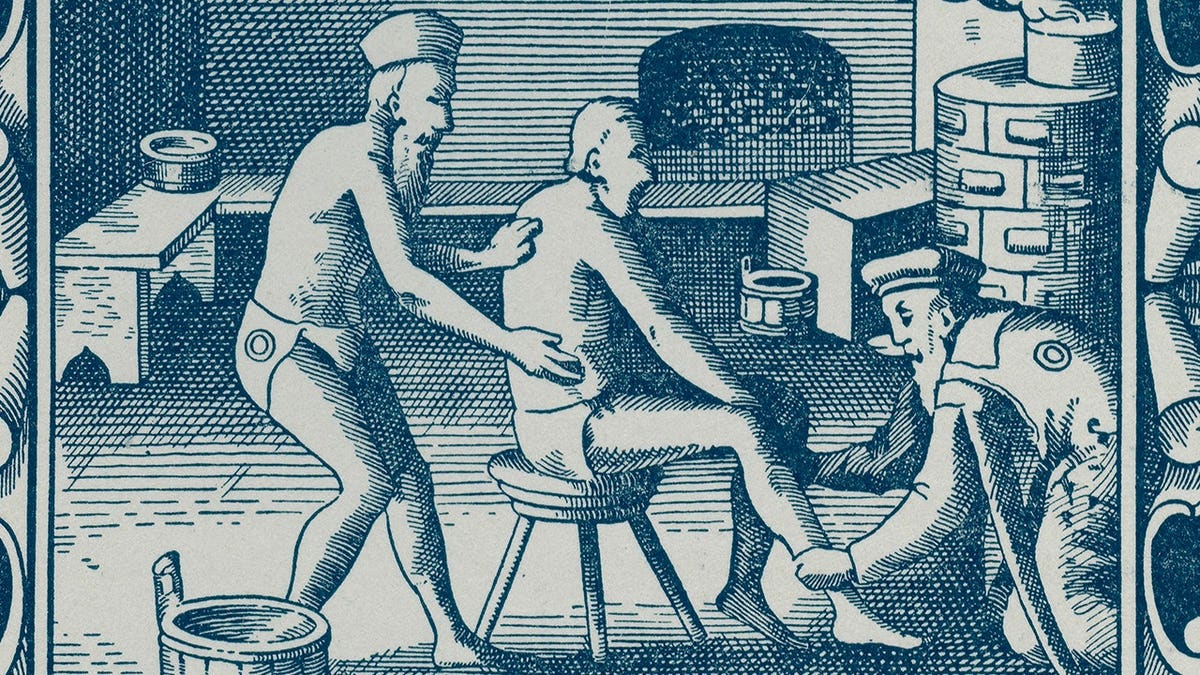 Medieval illustration of men using mikvah