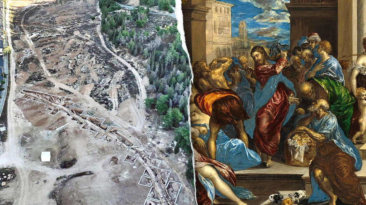 Split image of aerial of aqueduct, painting of Jesus in temple