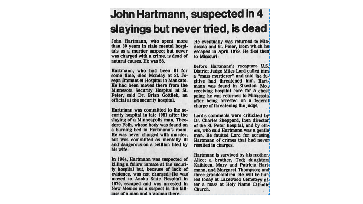 death notice of John Hartmann