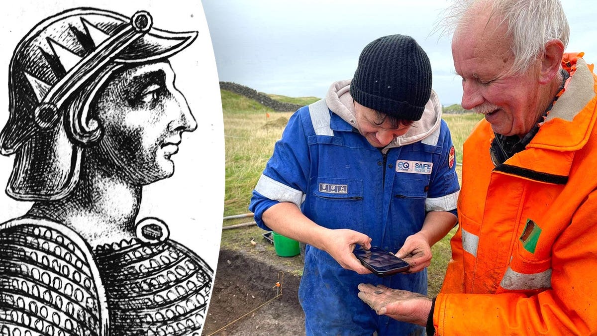 Split image of Ethelred, archaeologists viewing coin