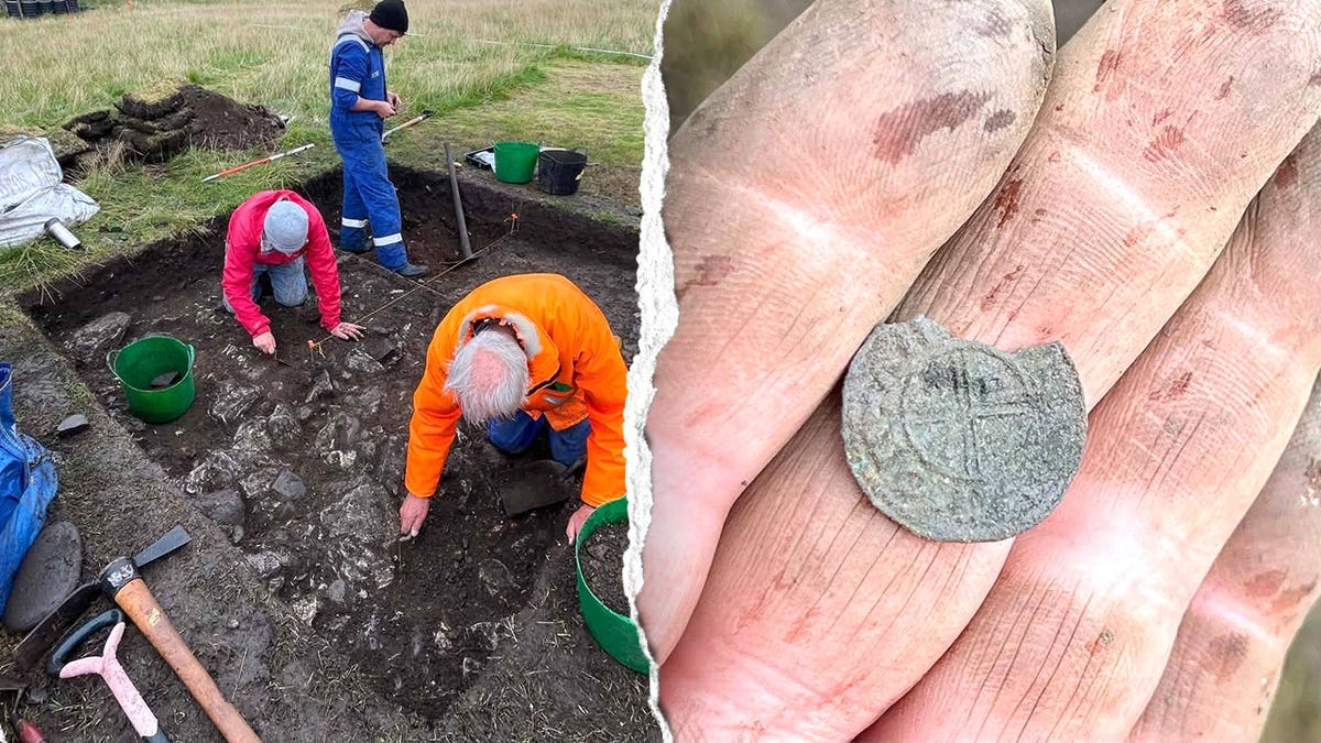 Split image of volunteers digging, hand holding coin