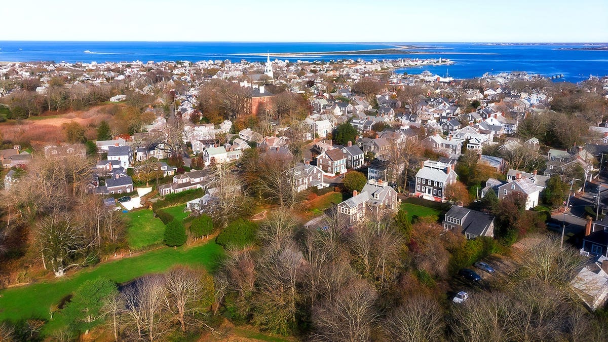 Aerial of Nantucket buildings, trees