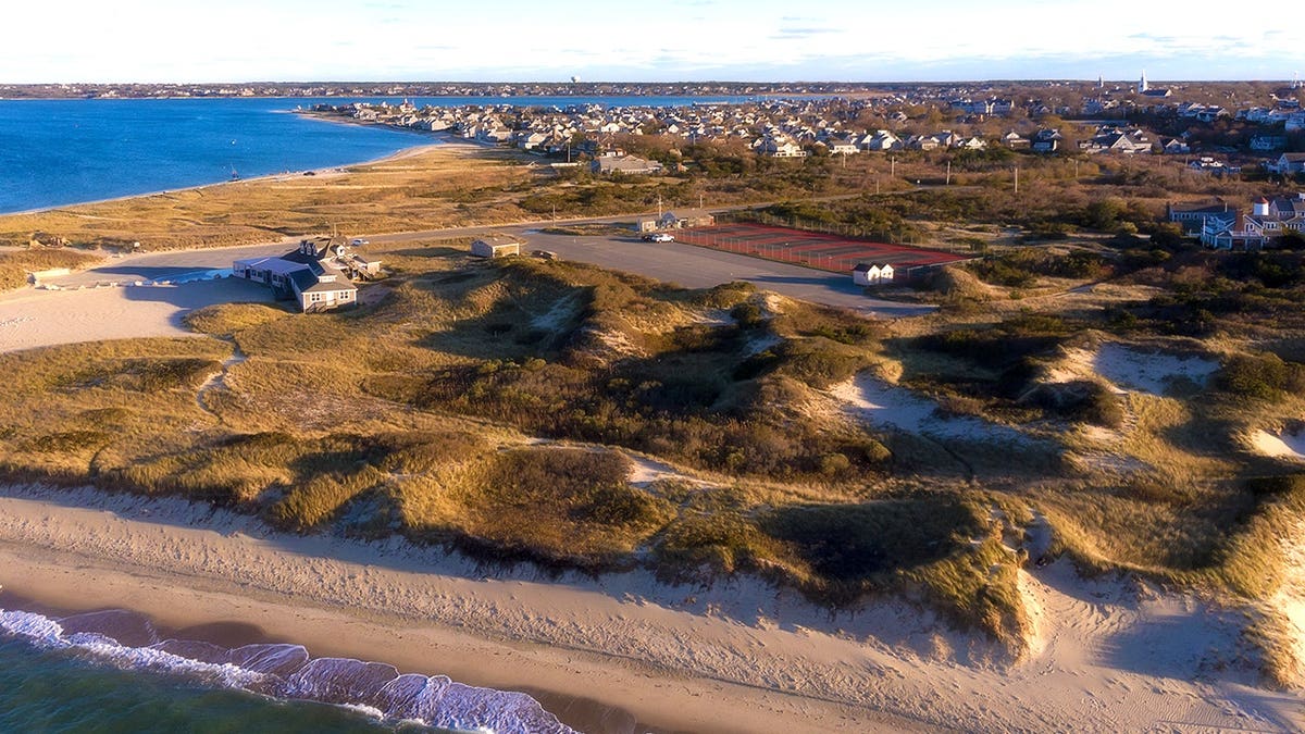 Aerial of Nantucket shore, dunes