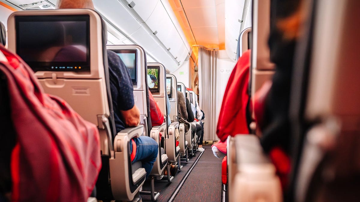 View of airplane cabin, screens, passengers