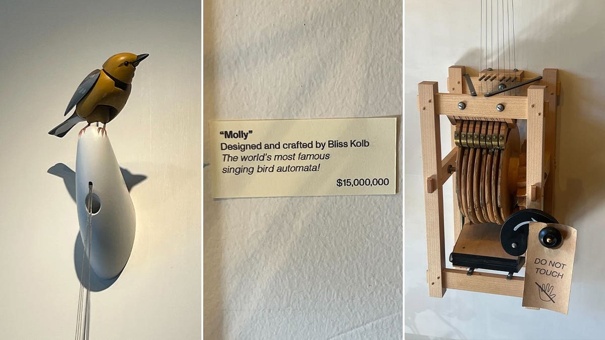 Three photos show Molly, a yellow mechanical bird perched on a wall-mounted display, a sign listing its $15 million price tag and the wooden mechanism that operates the bird.