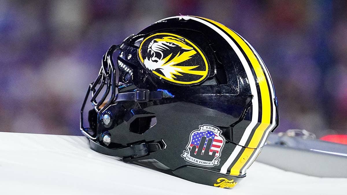 Missouri Tigers helmet shown against Kansas Jayhawks during football game