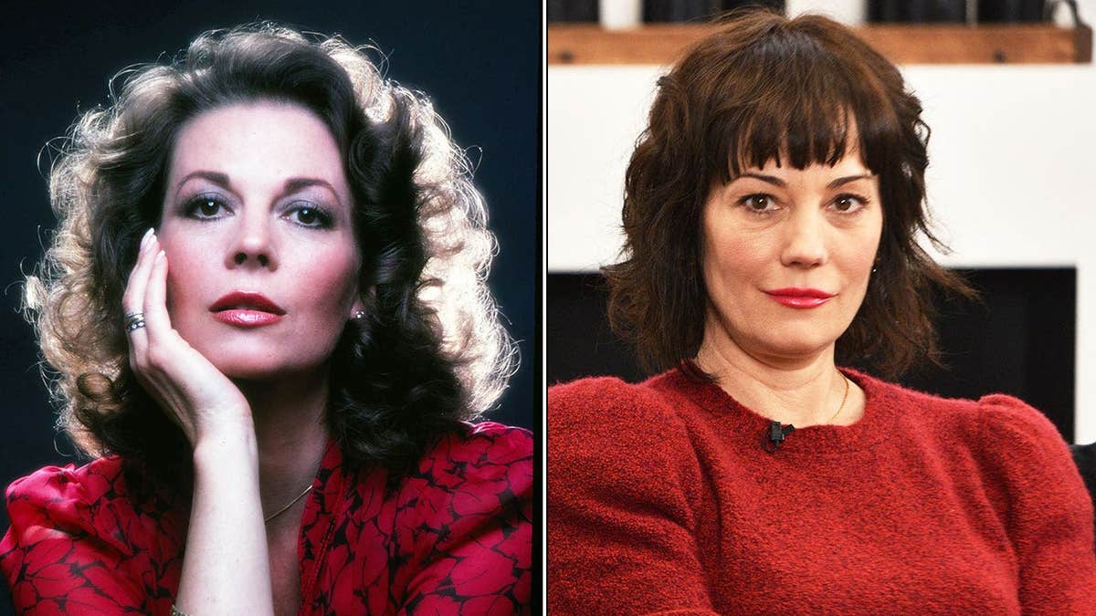 A split side by side image of Natalie Wood and Natasha Gregson Wagner wearing matching deep red sweaters.