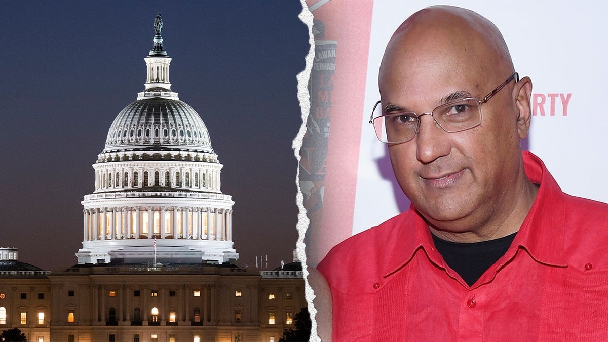 Split image of the illuminated U.S. Capitol building at night and Neville Roy Singham wearing a red shirt.