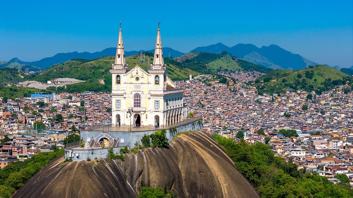 Basilica Sanctuary of Our Lady of Penha built on a rock overlooking Rio de Janeiro neighborhood.