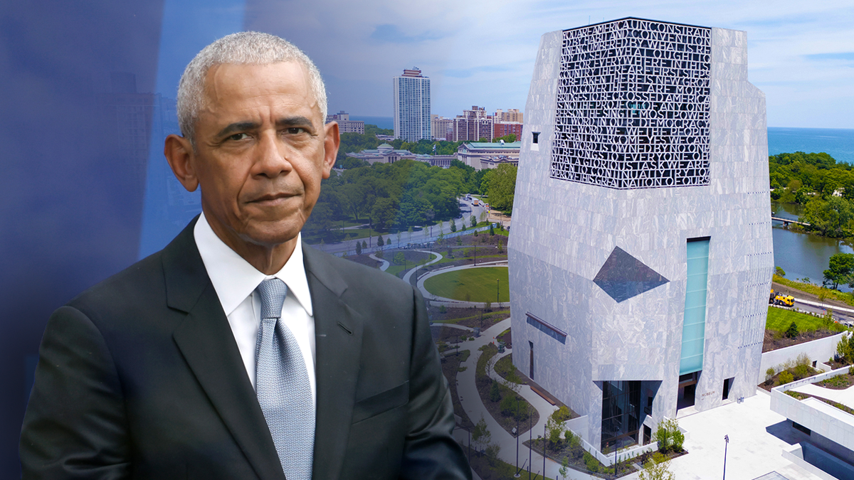 Split image of former President Barack Obama in a dark suit on the left and an aerial view of the Obama Presidential Center's stone museum tower in Chicago on the right.
