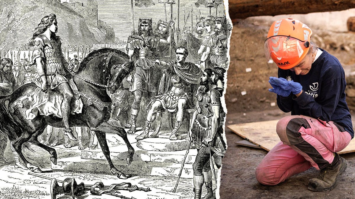 Split image of Gauls surrendering to Romans, archaeologist looking at artifact