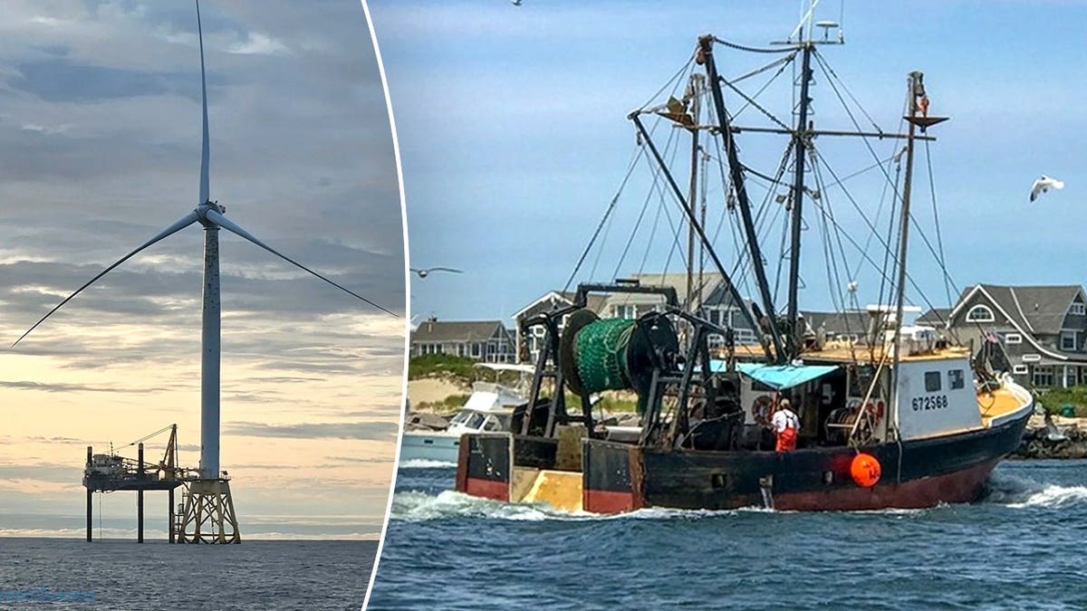 View of wind turbine next to ship before it sunk