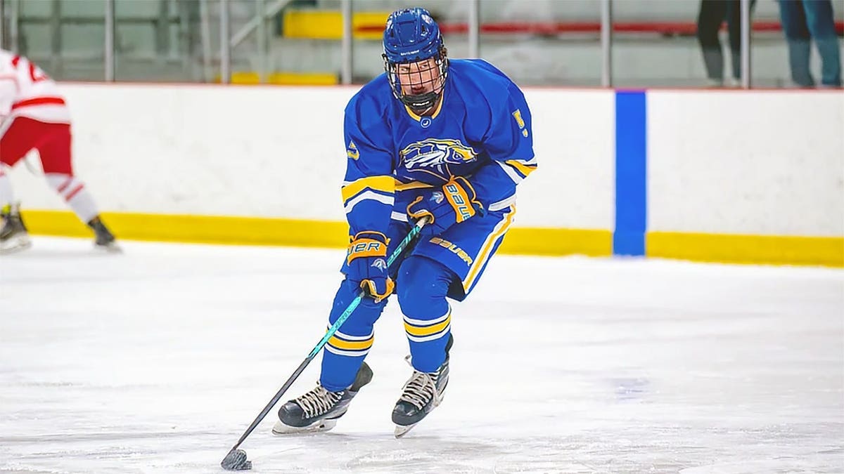 University of New Haven hockey captain Ryan O'Shea skates with the puck during a game.