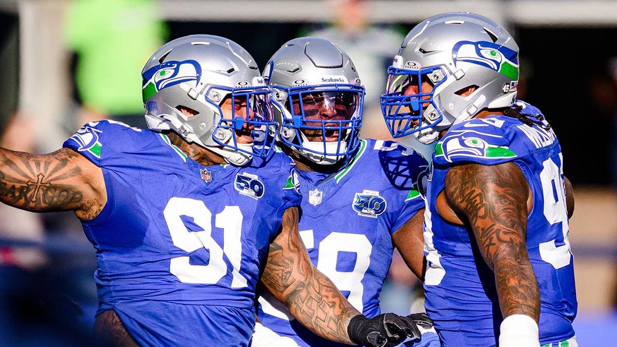 Seahawks players celebrate together during an NFL game