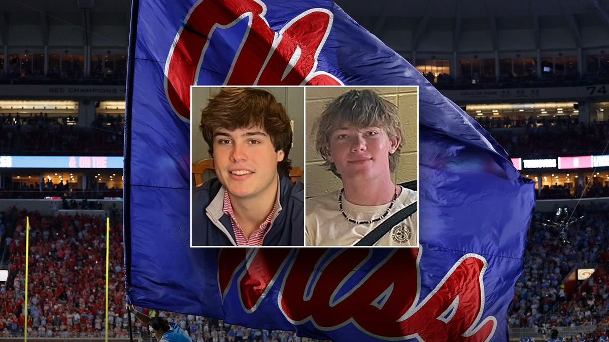 Side-by-side portraits of two young men, one with tousled brown hair in a navy quarter-zip over a striped collared shirt, the other wit light brown hair in a white T-shirt and beaded necklace, set over a large Ole Miss flag waving in a packed stadium.