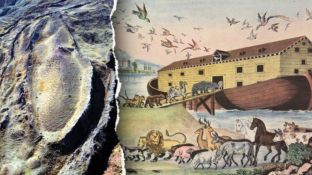 Split image of mountain site, drawing of Noah's Ark