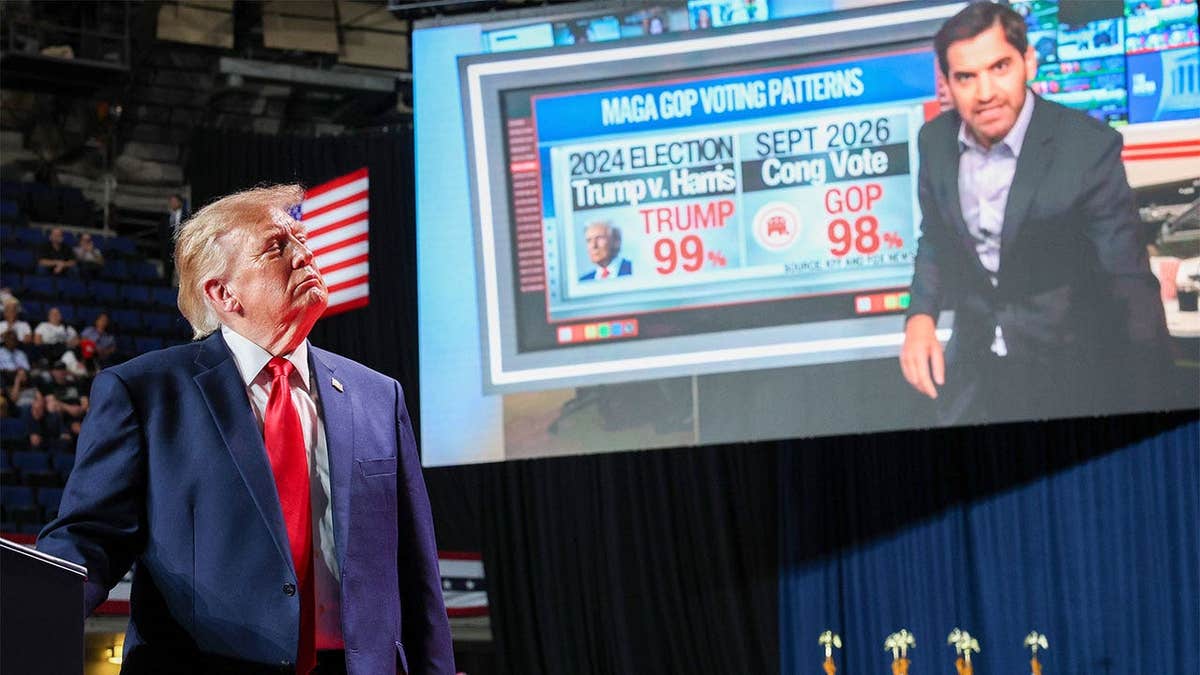 President Donald Trump watches a video onstage during a campaign rally in San Antonio, Texas