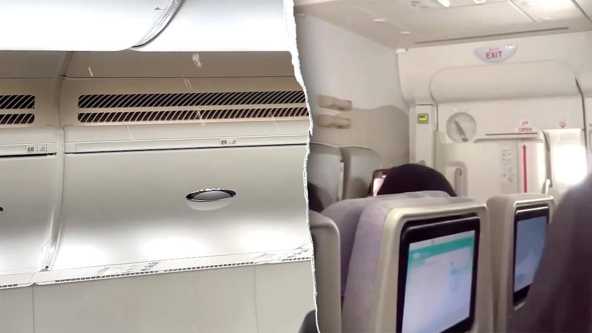 Split image of water leaking in Emirates cabin