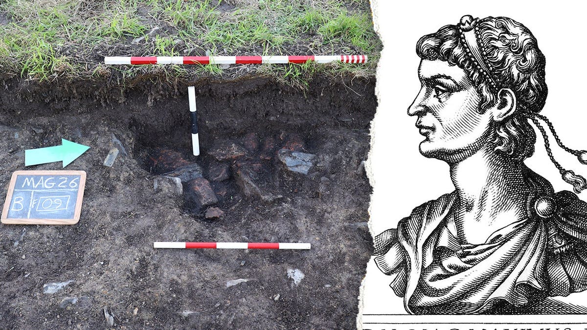Split image of excavation site, Magnus Maximus portrait