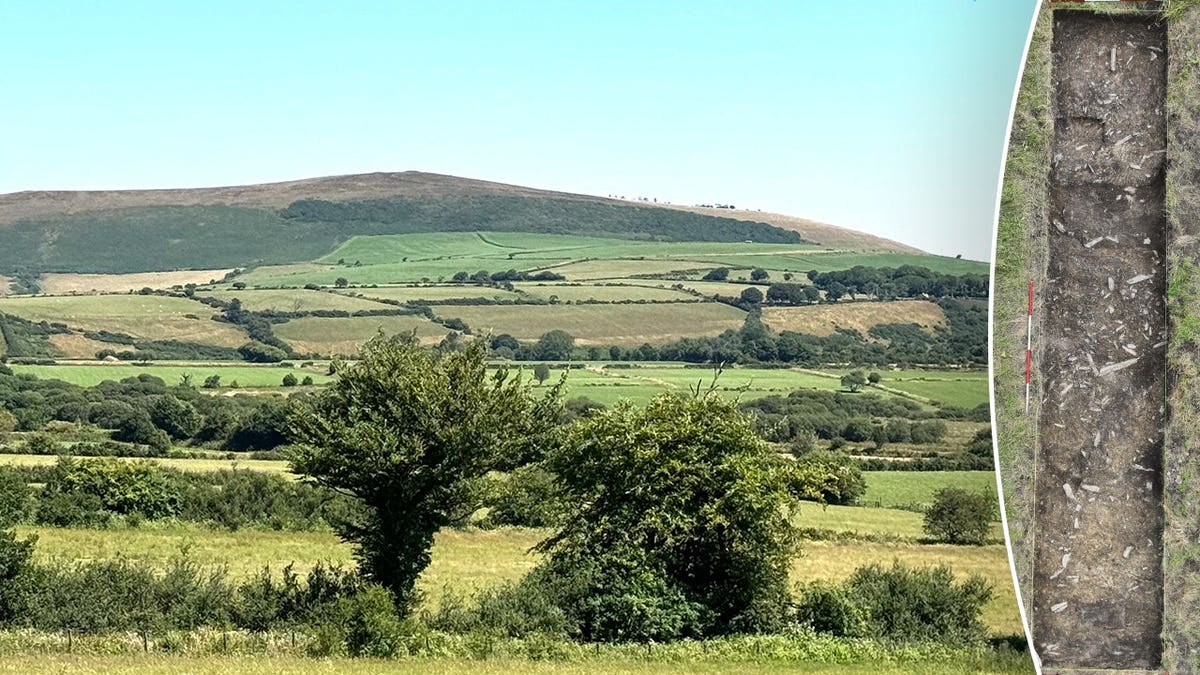 Split image of Welsh countryside, giant pit at excavation site