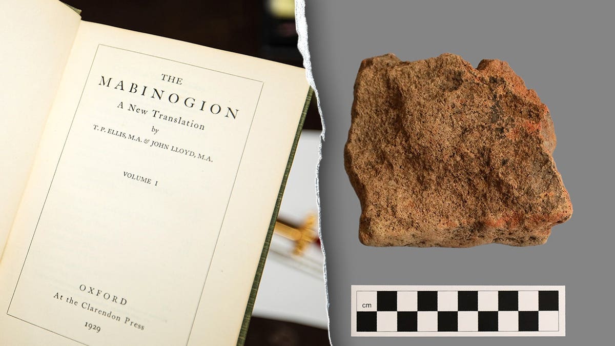 Split image of Mabigonion book next to tile found