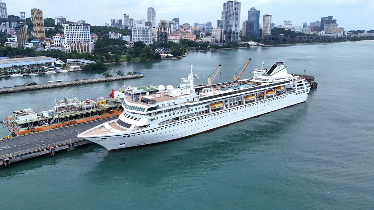 View of MV Odyssey docked in Cambodia