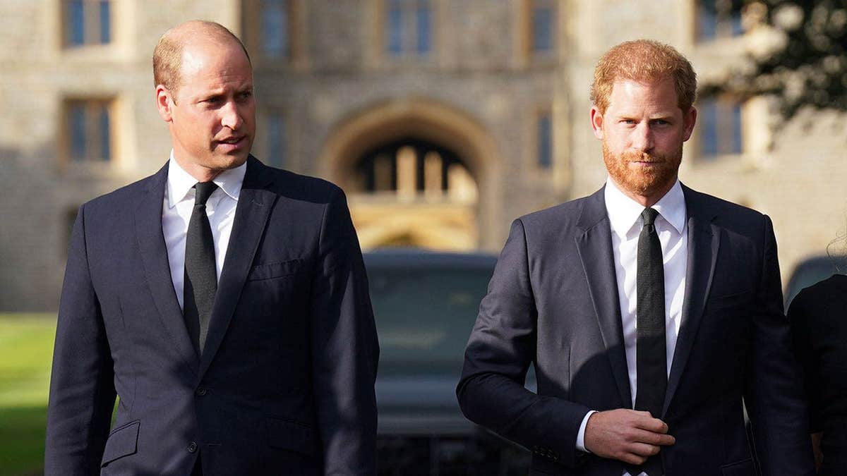 Prince William and Prince Harry in matching suits walking together.