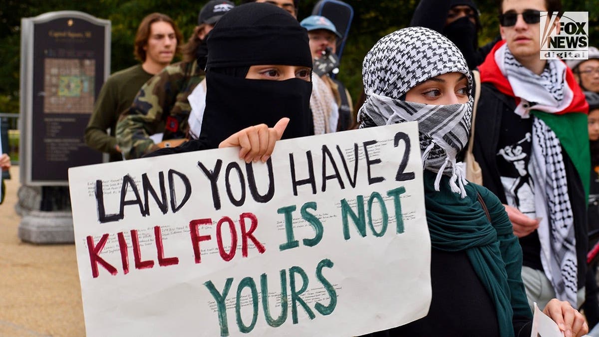 Protestors march at an anti-Israel protest in Washington, D.C., on Oct. 10, 2026.