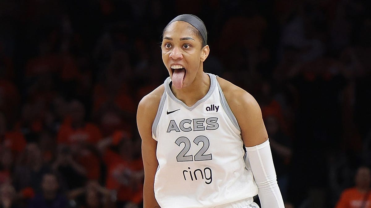 A'ja Wilson of the Las Vegas Aces reacts after making a basket against the Phoenix Mercury.