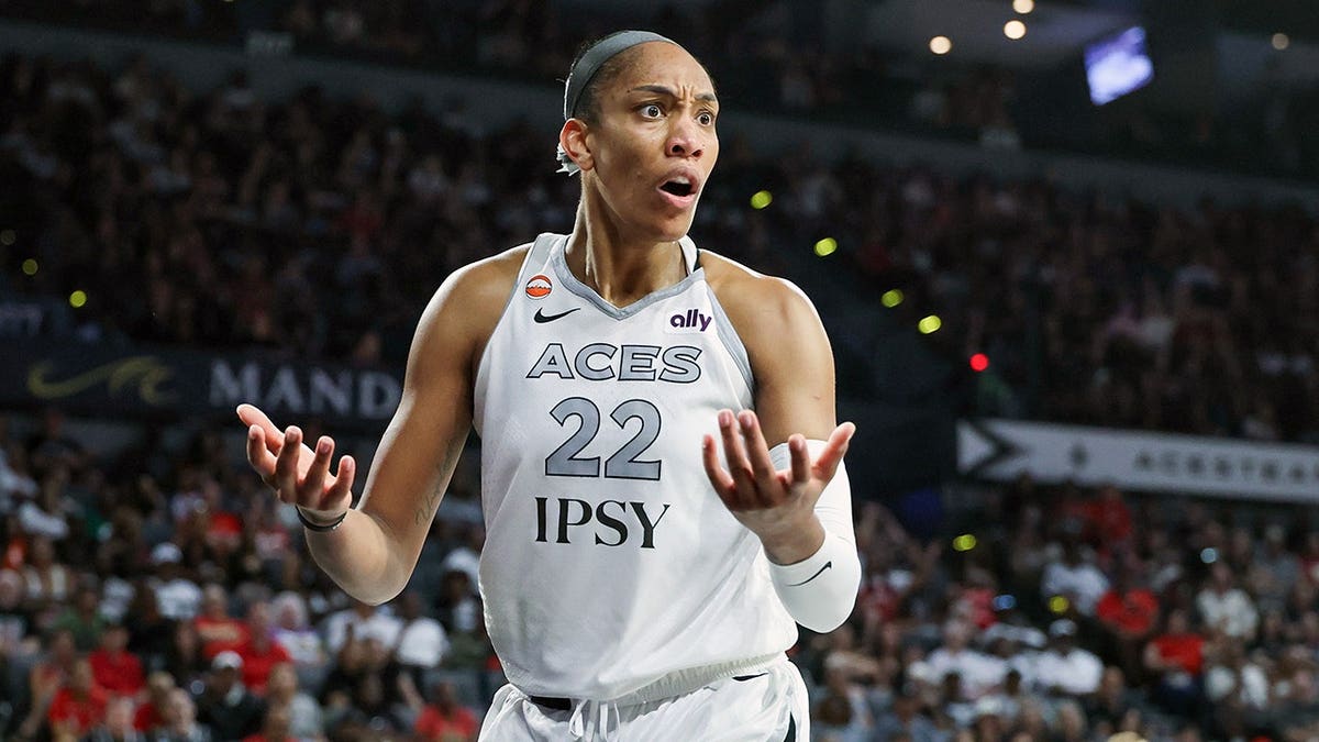 A'ja Wilson reacts after a foul call during a Las Vegas Aces game against the Minnesota Lynx.